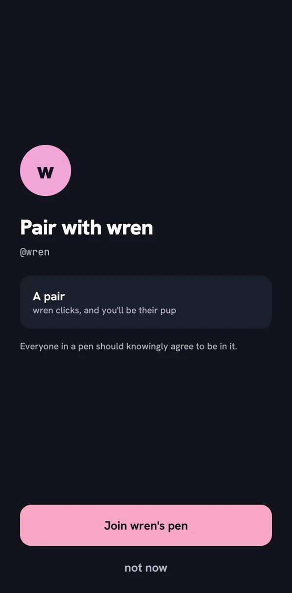 an invite to pair with wren, with a button to join their pen